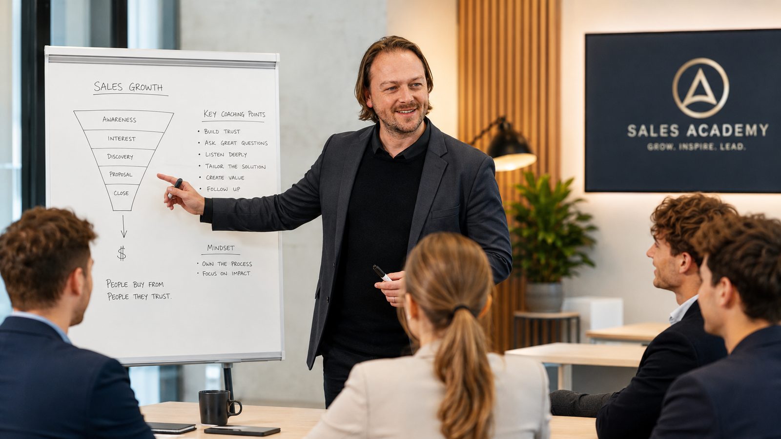 Junior salesprofessional tijdens praktijkgerichte opleiding en coaching